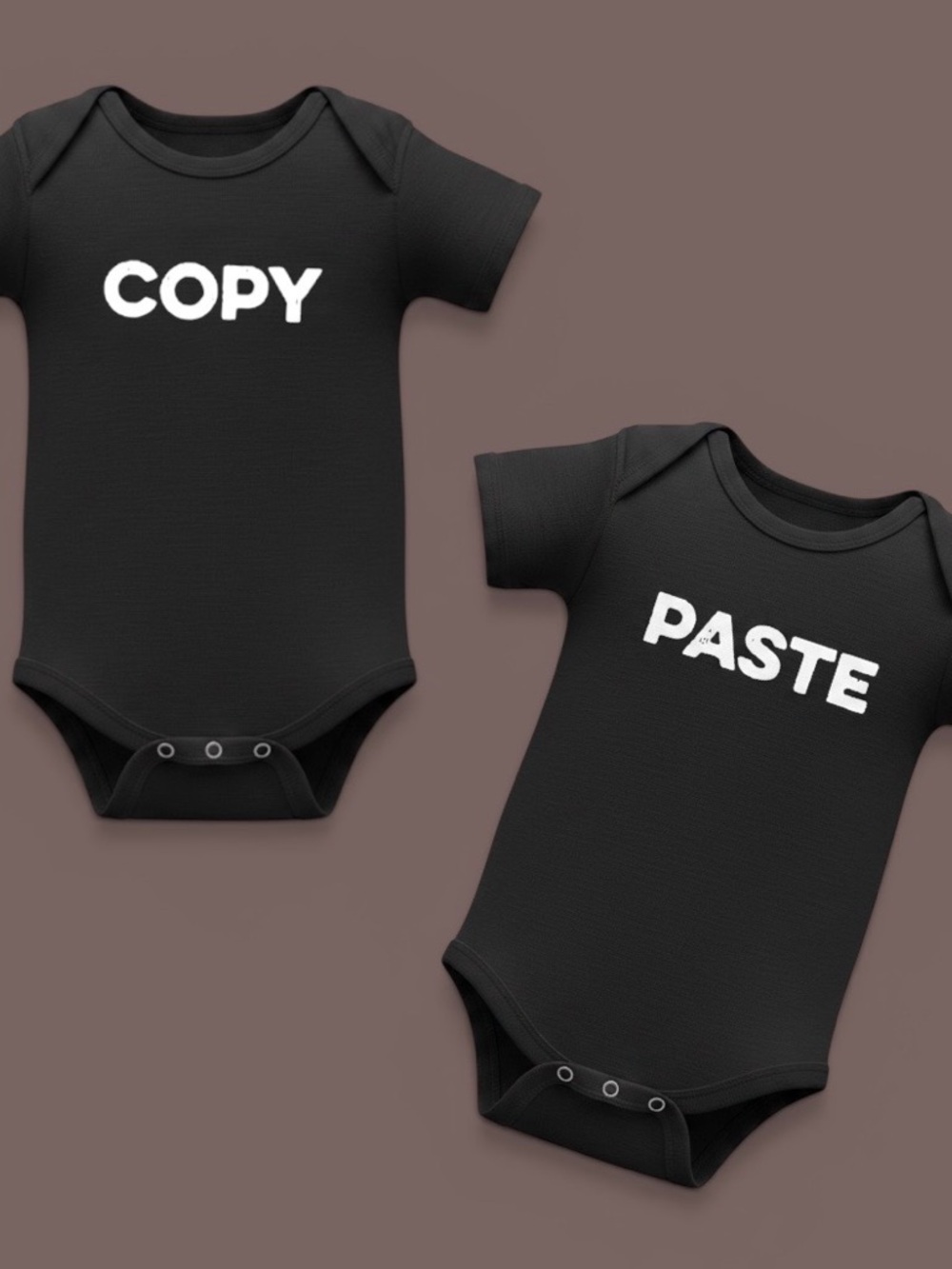 Custom Black COPY PASTE onesie bodysuit set for identical twins. 0-3 months